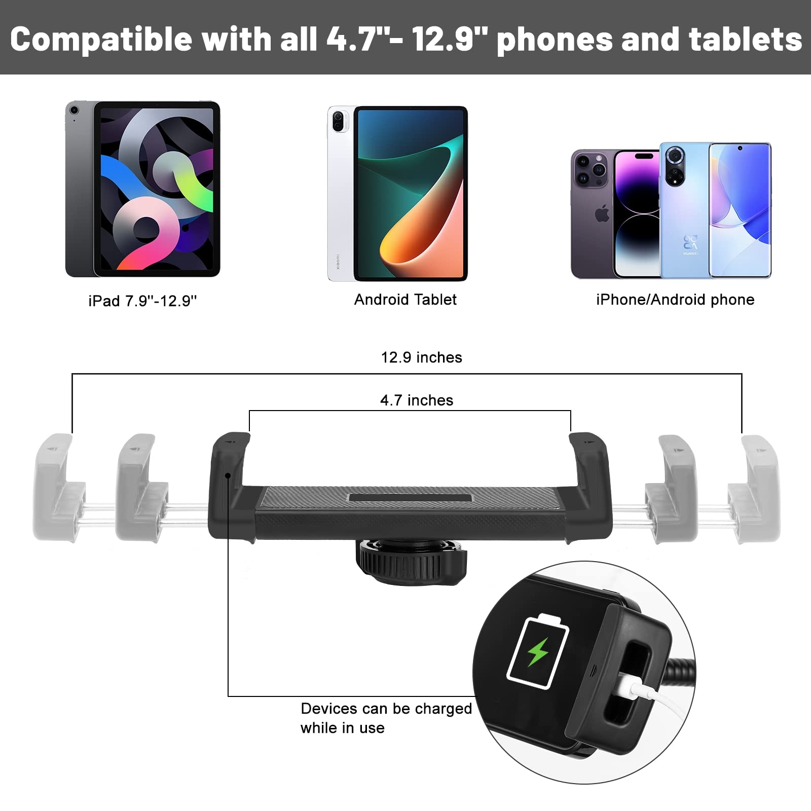 LanPavilion Adjustable iPad Stand, Flexible Gooseneck Tablet Holder for 4.7''-13'' Devices, Black Carbon Steel, Ideal for Hands-Free Use